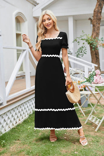 Square Neck Lace Back Shirred Puff Sleeve Dress