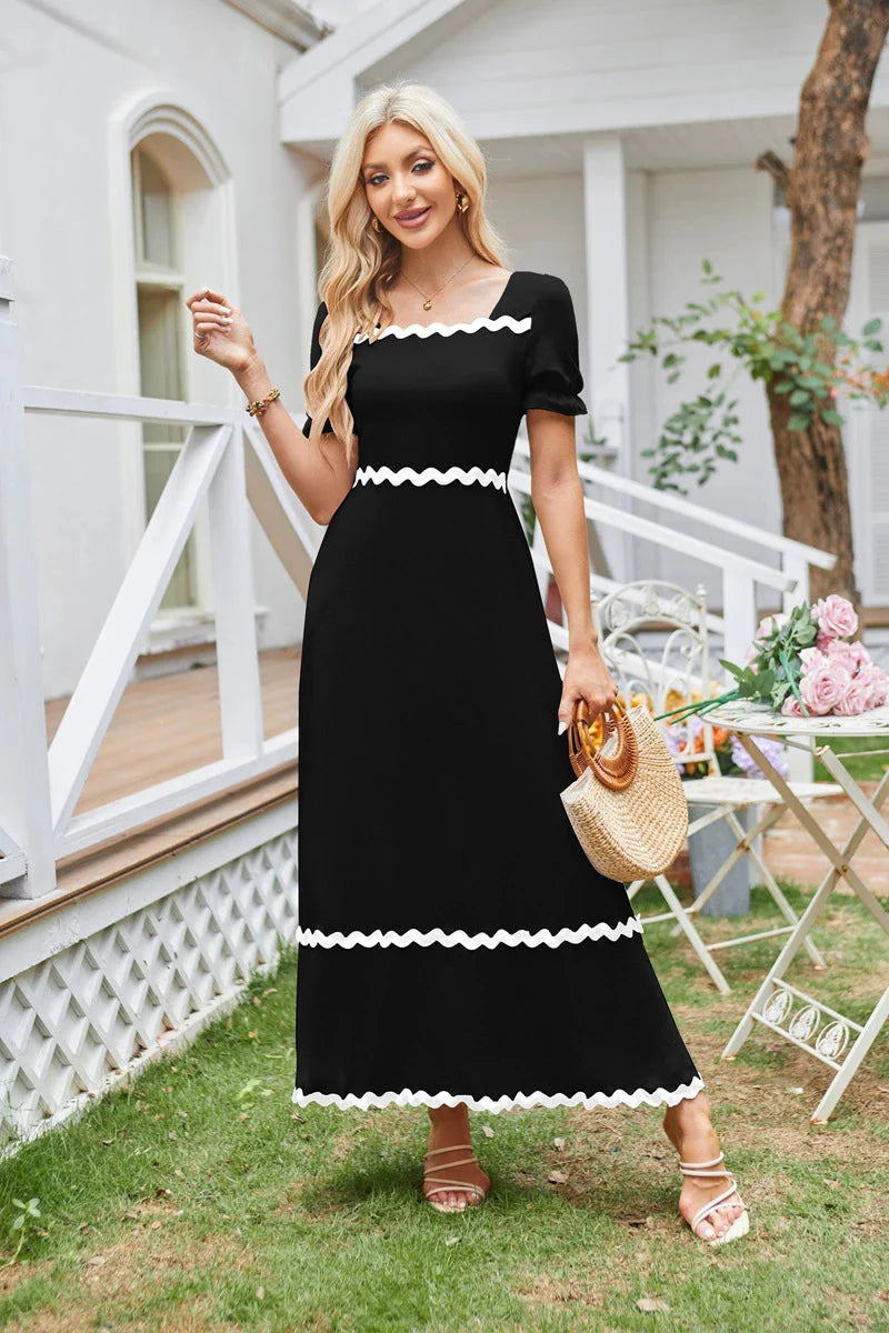 Square Neck Lace Back Shirred Puff Sleeve Dress