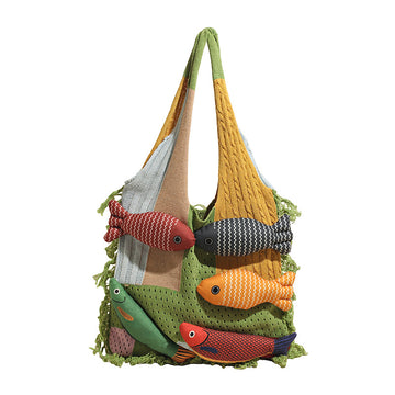 Patchwork Knit Shoulder Bag with Checkered Design