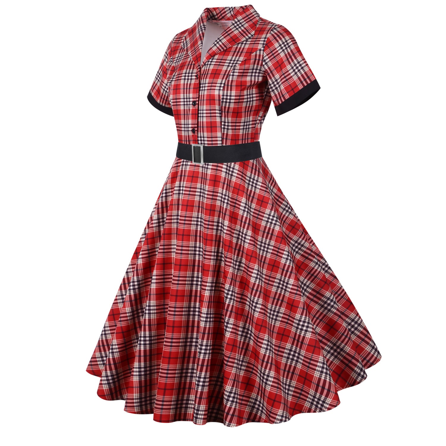 Retro Plaid Short Sleeve Dress with Belt