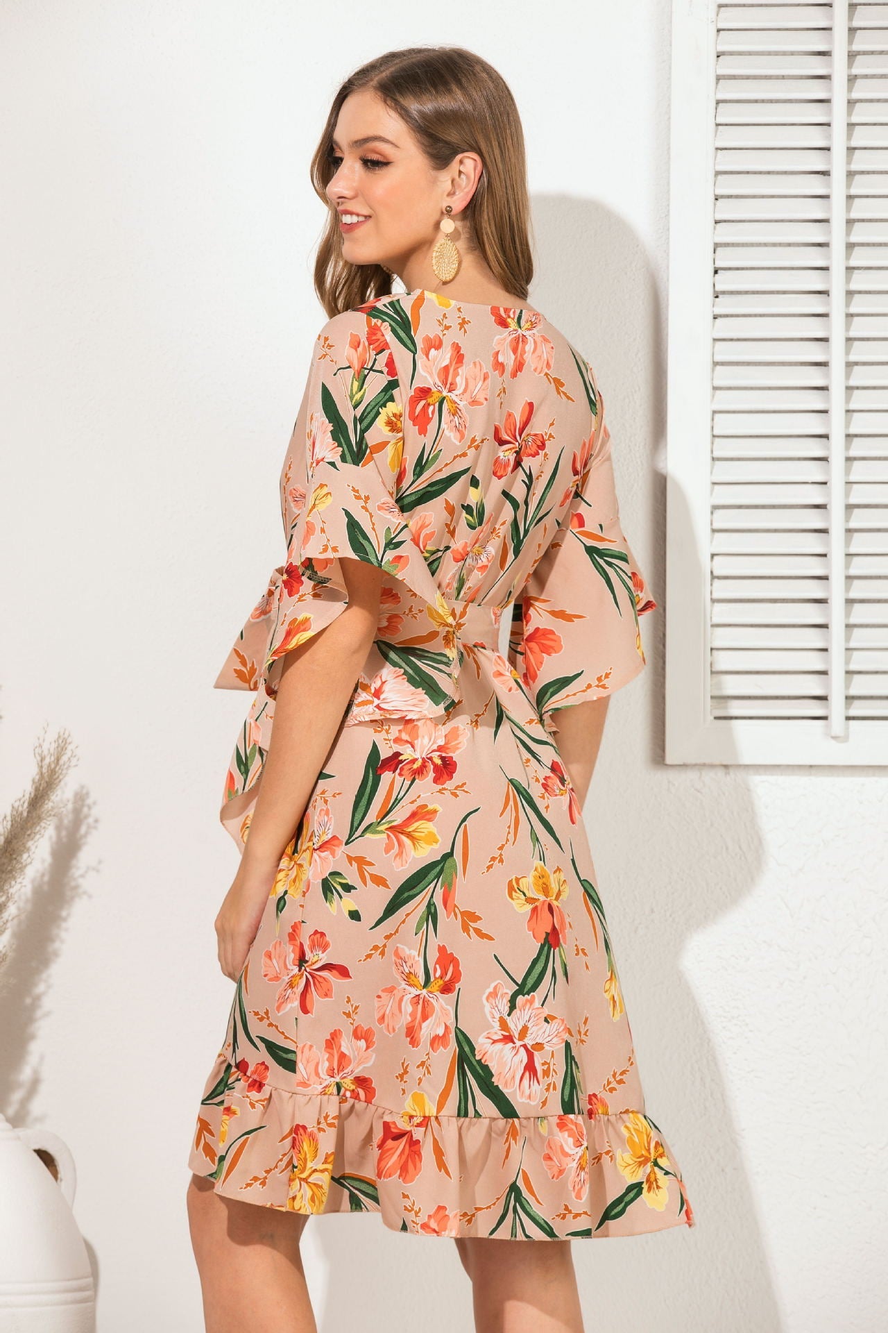 Casual V Neck Floral Print Ruffled Short Daily Dresses