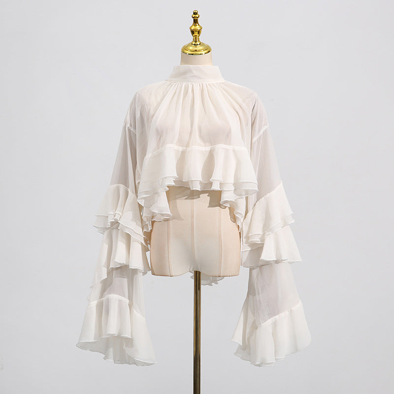 Women's Elegant Mesh Ruffle Long Sleeve Blouse