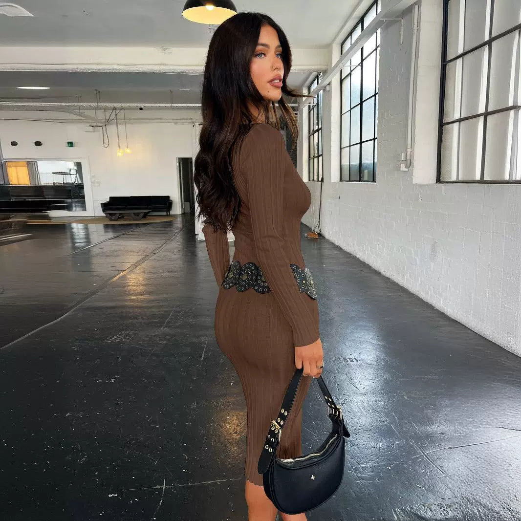 Simple Long Sleeves Knitted Midi Length Dresses