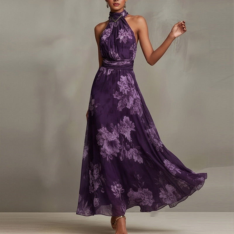 Elegant Halter Neck Sleeveless Print Maxi Dress