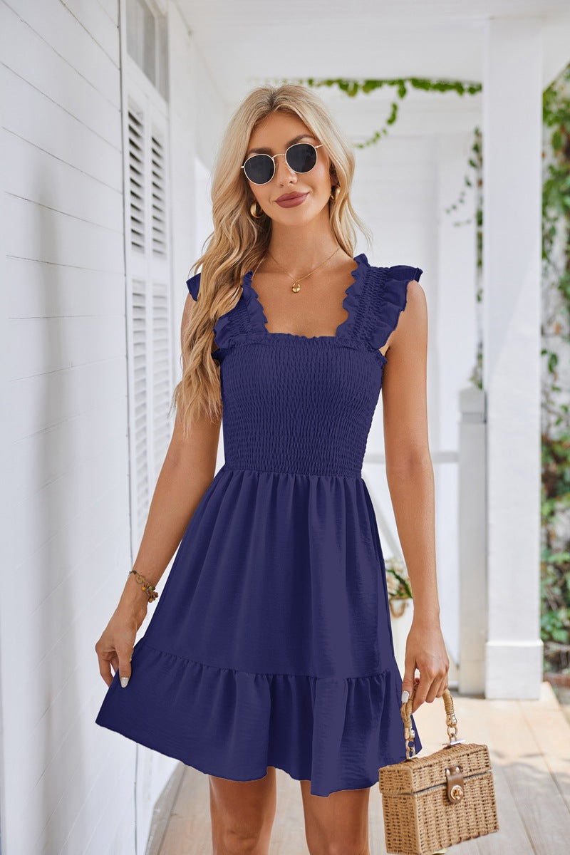 Sleeveless Square Neck Pleated Open Back Short Dress