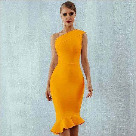 Sexy One Shoulder Mermaid Bandage Dresses for Party-Dresses-Yellow-XS-Free Shipping at meselling99
