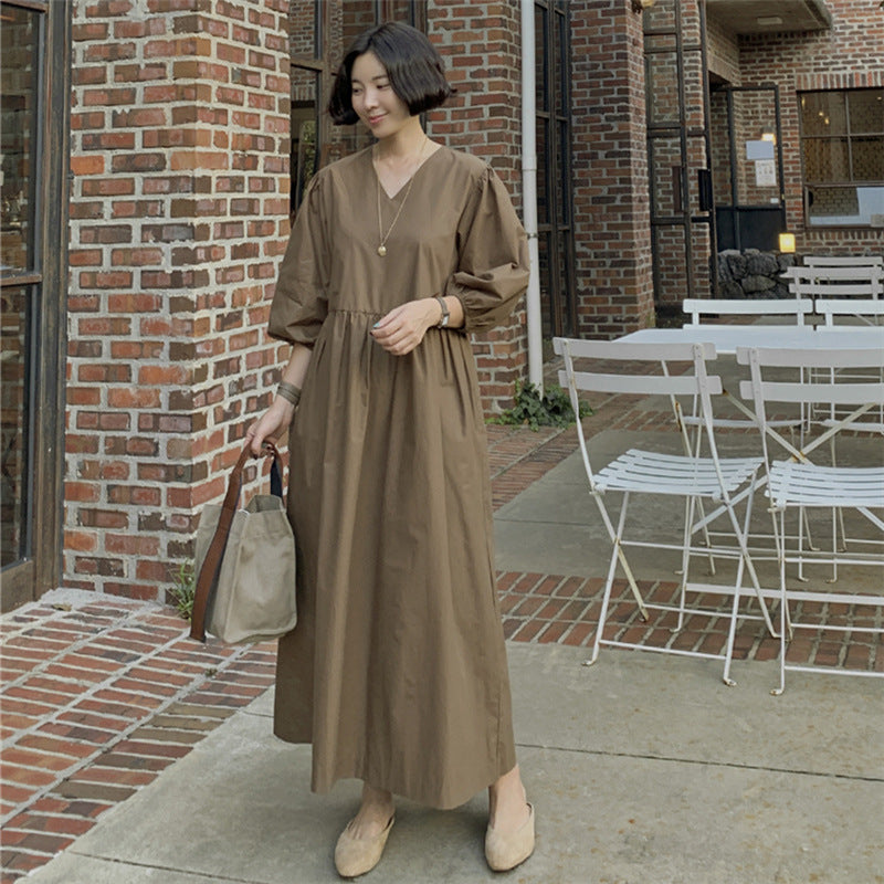 Casual Vintage Women Lantern Sleeves Fall Long Dress-Cozy Dresses-Brown-S-Free Shipping at meselling99