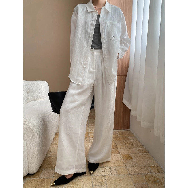 Luxury 100% Linen Sun Protection Shirt & Wide-Leg Pants Set – Breathable & Stylish