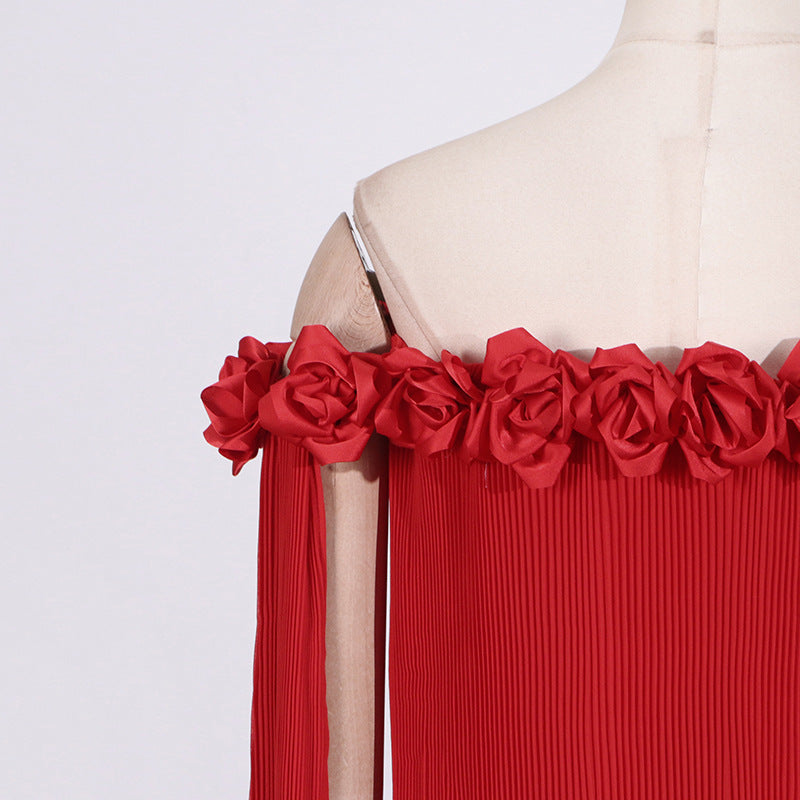 Elegant Off-Shoulder Long Dress with 3D Floral Appliques