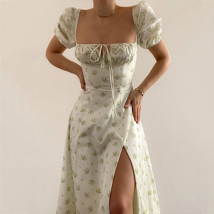 Floral Print French Style Backless Slim Fit Slit Dress