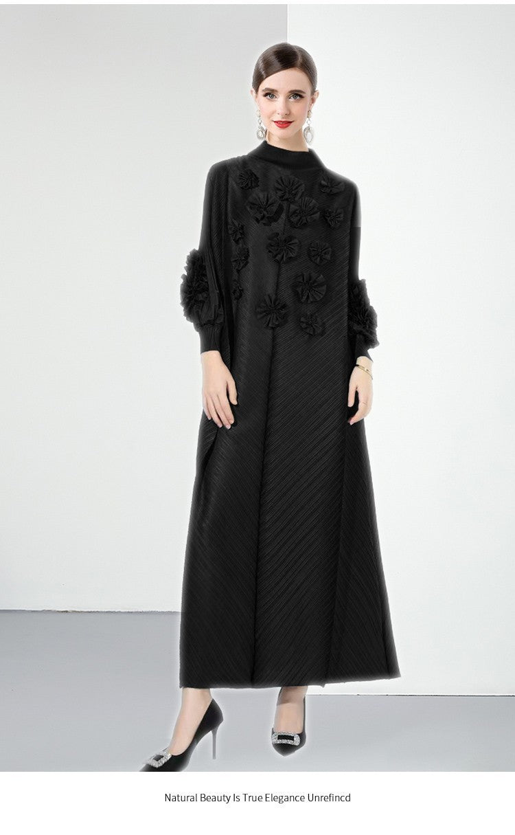 Stylish Slim-Fit Solid Color High Neck Dress with 3D Flowers