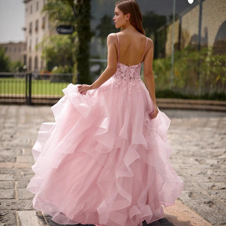 V-Neck Satin Strap A-Line Evening Gown
