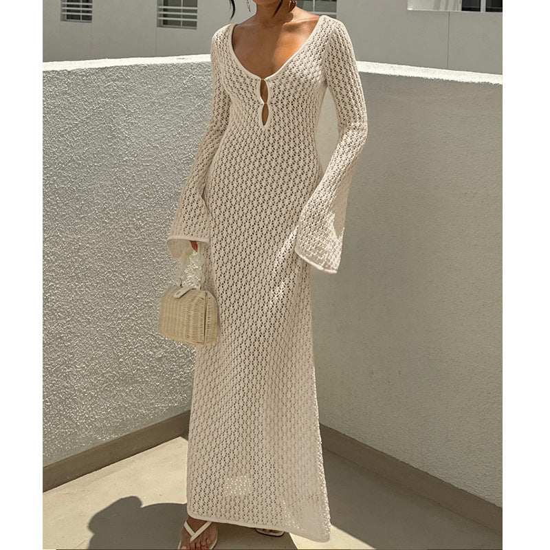 Women's V-Neck Long Sleeve Beach Cover-Up Dress