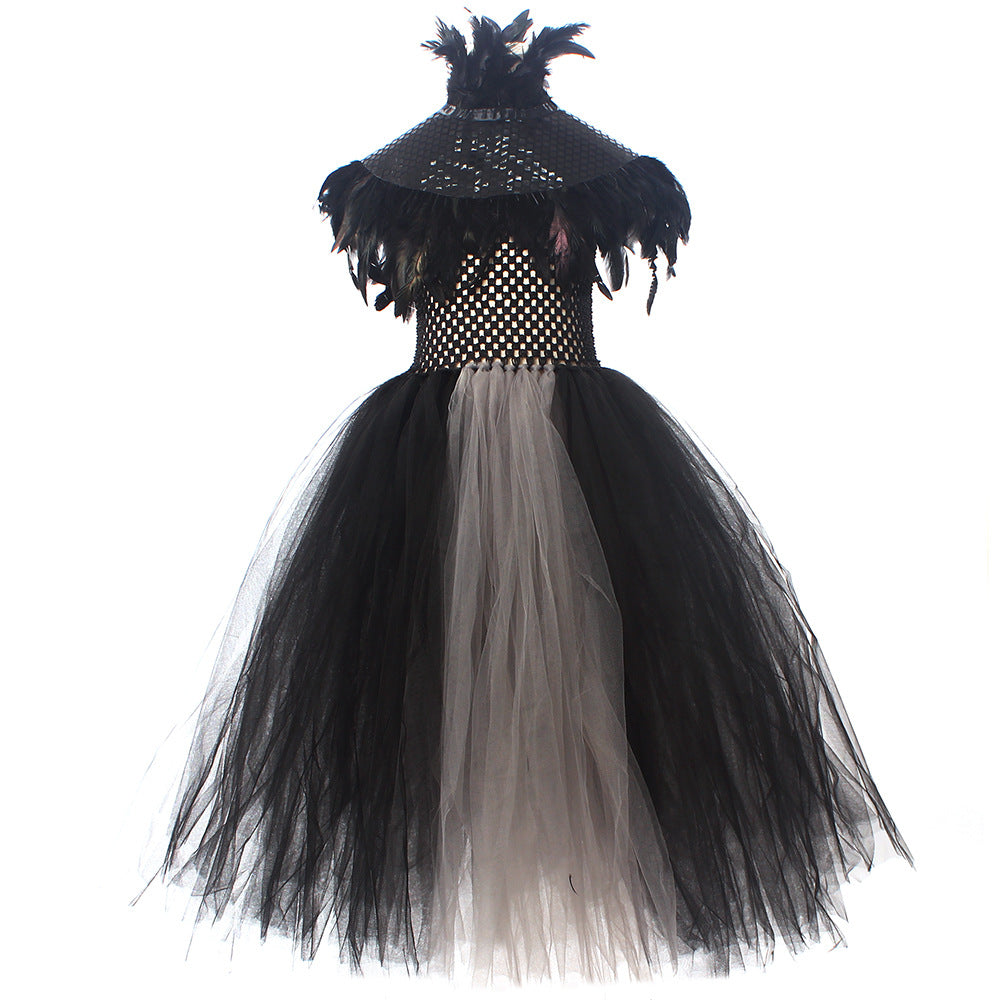 Halloween Glitter Feather Collar Witch Long Dress