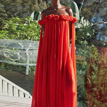 Elegant Off-Shoulder Long Dress with 3D Floral Appliques