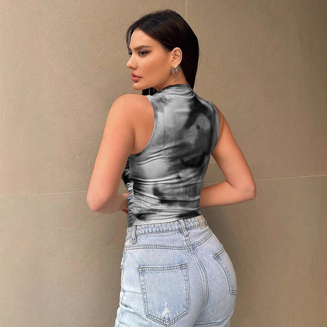 Women's Street Style Printed Mesh Vest – Trendy See-Through Sleeveless Top