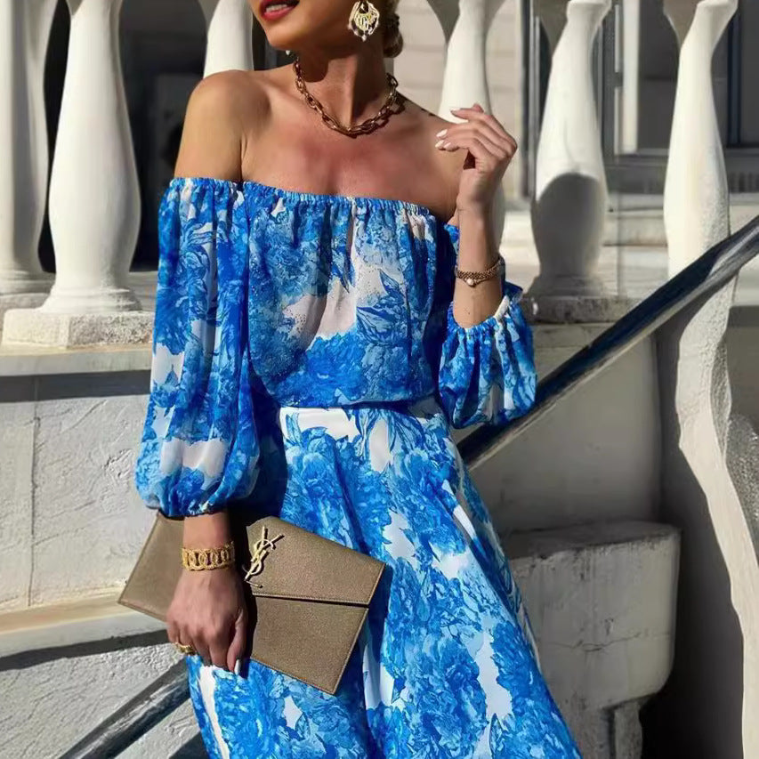 Off-Shoulder Floral Print High Waist Elegant Dress