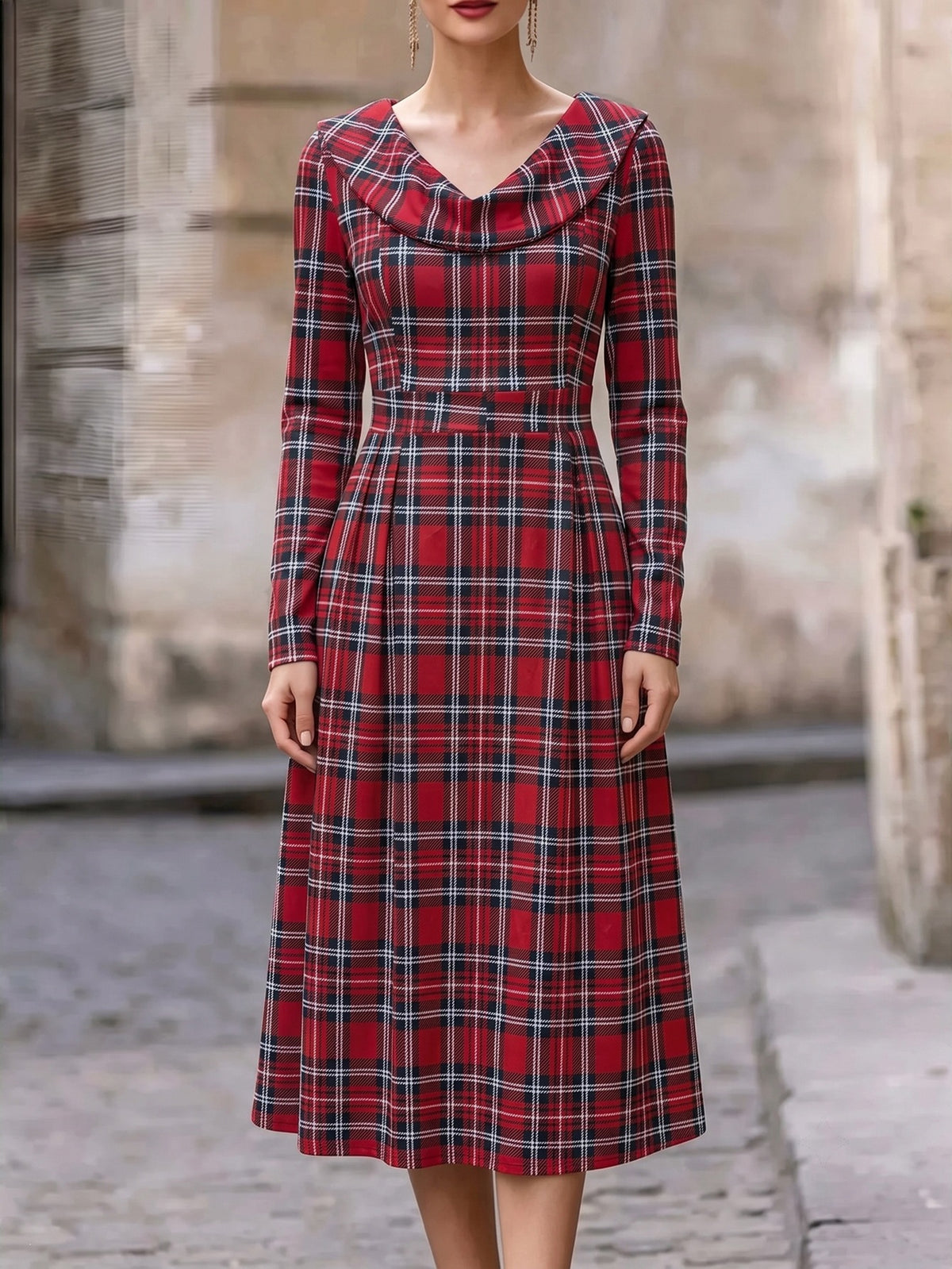 Autumn Winter Plaid Print Long Dress for Women