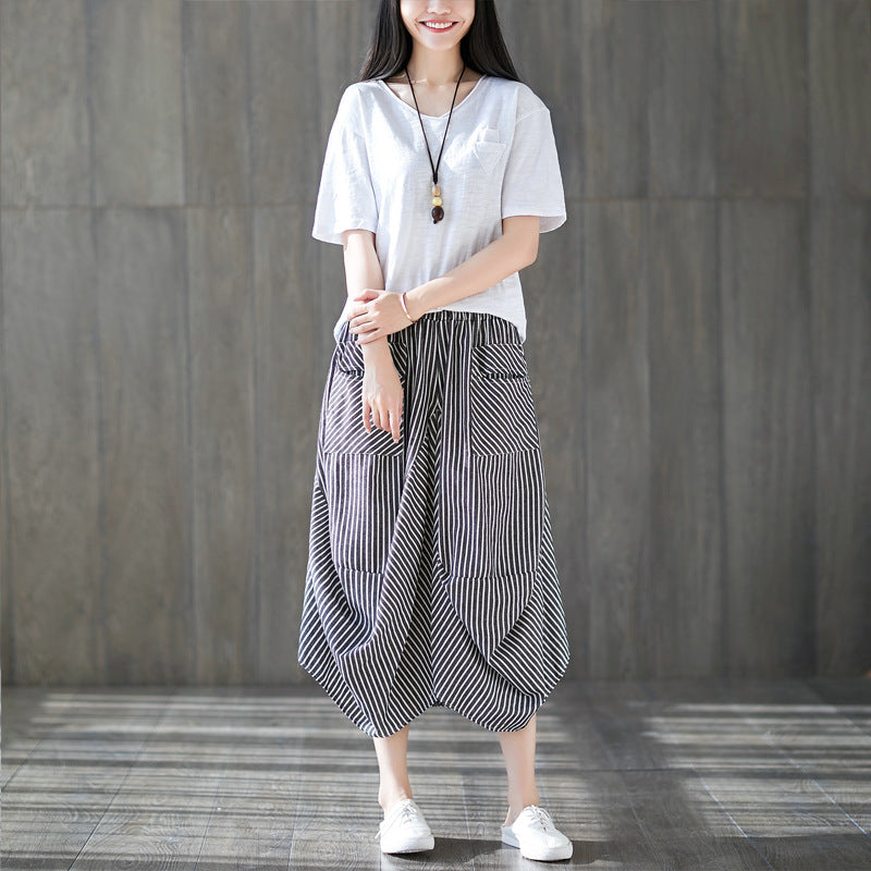 Women's Loose Fit Striped Cotton-Linen Drawstring Waist Lantern Skirt