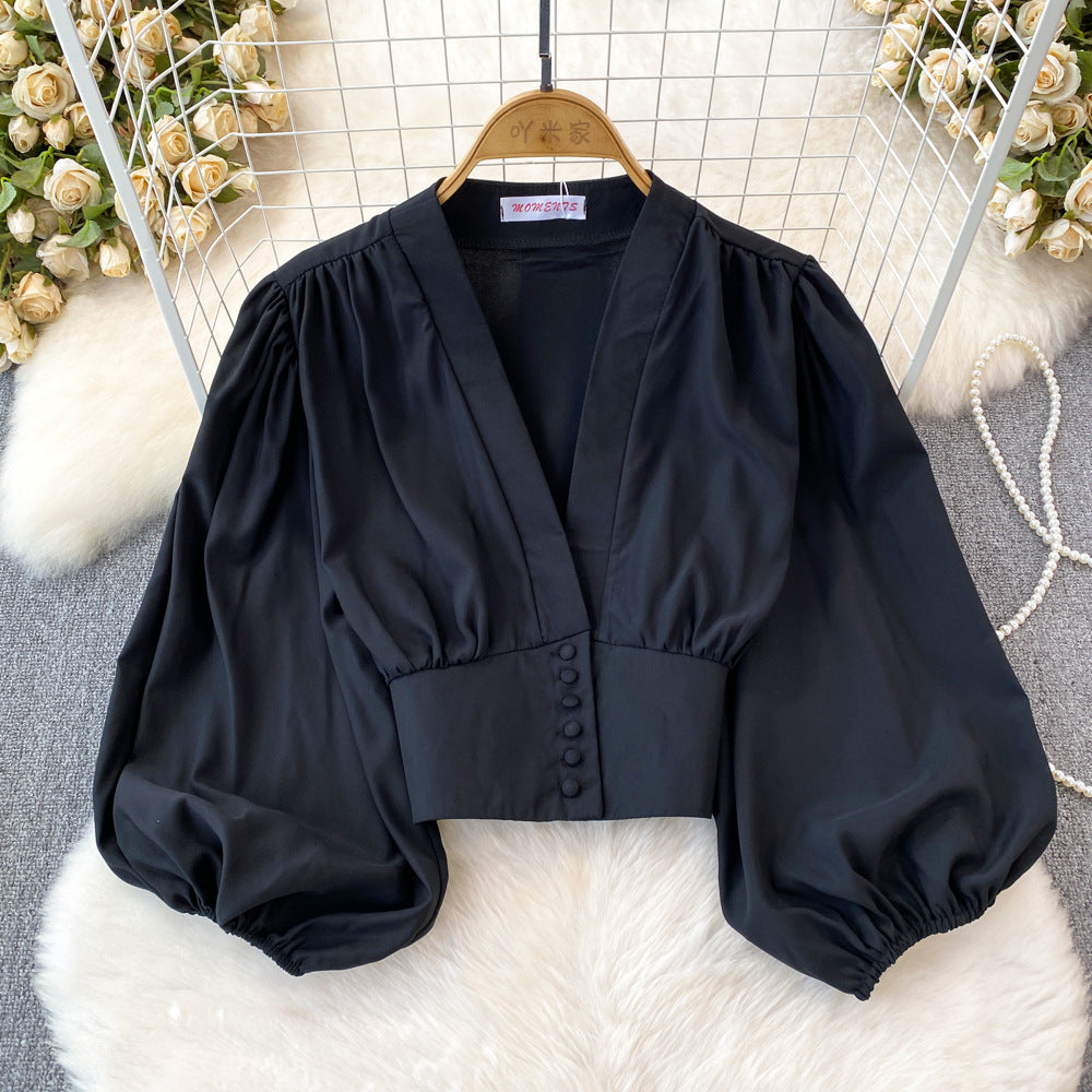 Women's Fashion V-Neck Lantern Sleeve Crop Top