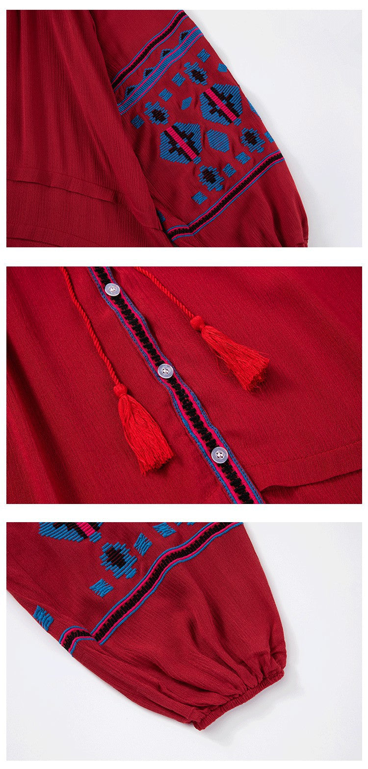 Bohemian Ethnic Embroidered Loose Front Button Dress