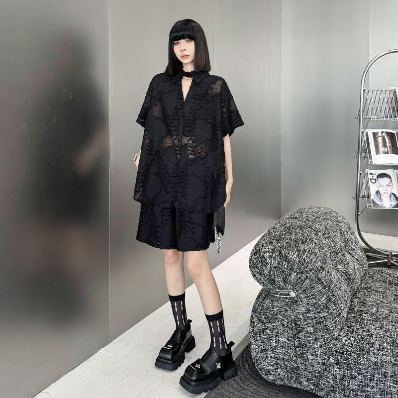 Women's Unique Jacquard Casual Cotton Set – Oversized Bat Sleeve Top + Elastic Waist Shorts