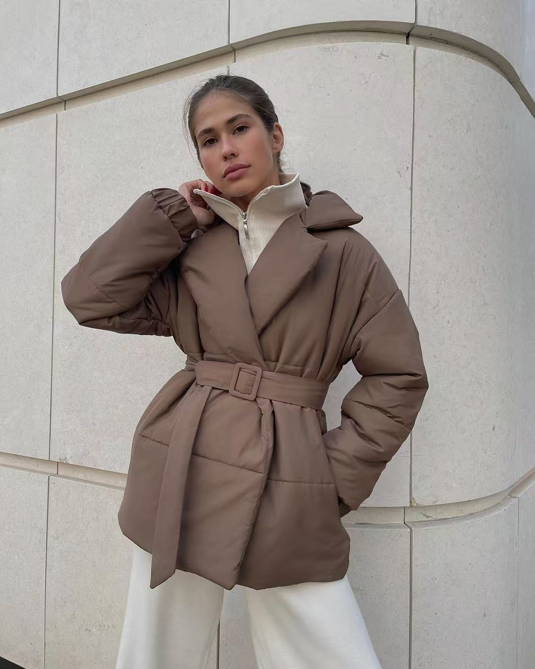 Women's Belted V-Neck Pure Color Long Sleeve Jacket