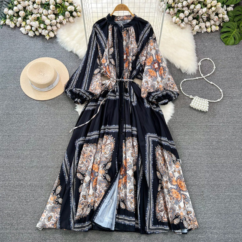 Retro Palace Style Lantern Sleeve Round Neck A-Line Floral Print Button-Down Waist Dress