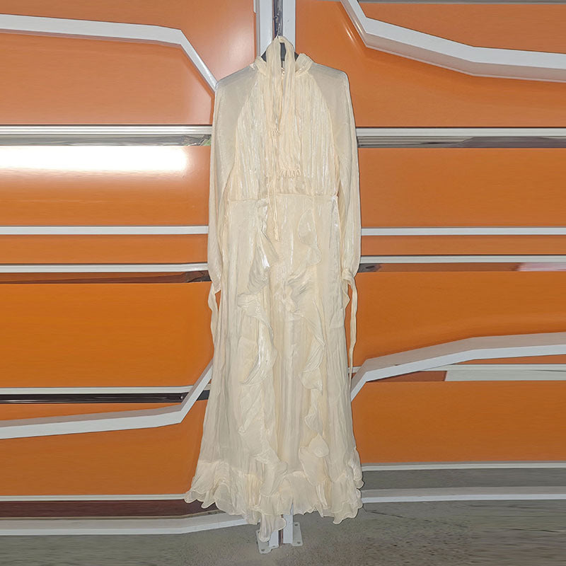 Summer Stand Collar Lantern Sleeve Ruffled Waist Dress for Women