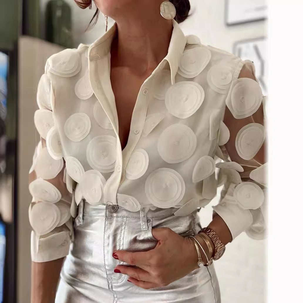 Women's Fall Long Sleeve Round Neck Mesh Sleeve Blouse