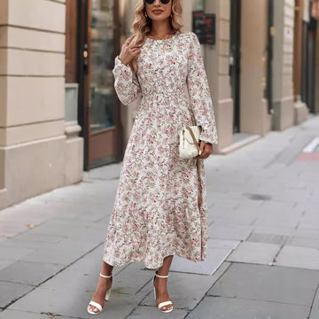 Floral Print Ruffle Hem Long Sleeve Dress