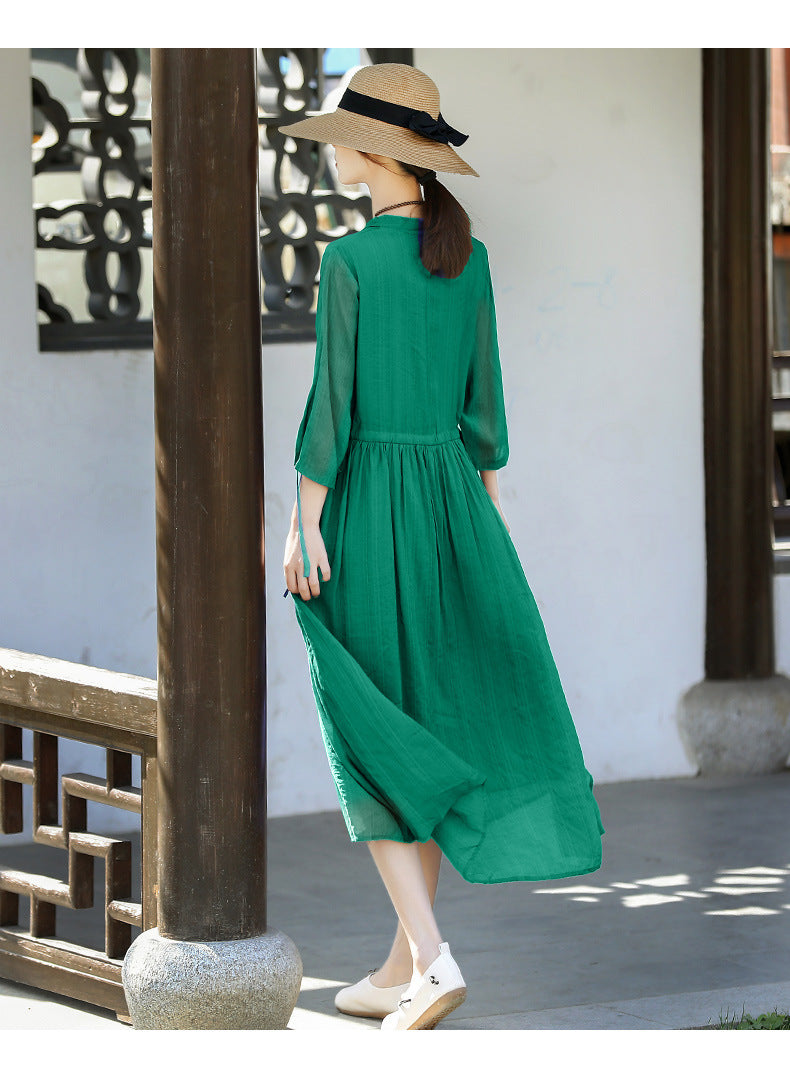 Casual Linen Half Sleeves Drawstring Long Cozy Dresses-Dresses-Free Shipping at meselling99