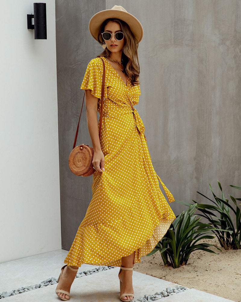 Summer Casual Dot Print Ruffled Short Sleeves Long Dresses