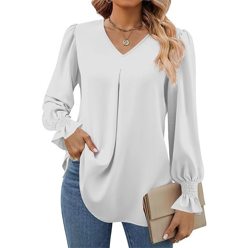 Women's Solid Color Chiffon V-Neck Bell Sleeve Blouse