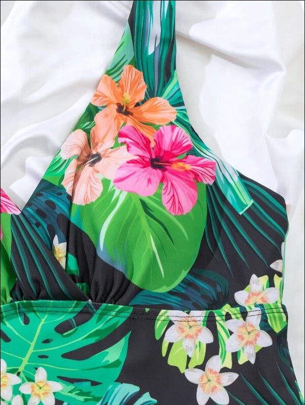 Women's Tankini Swimsuit Two-Piece with Leaf Print Straps