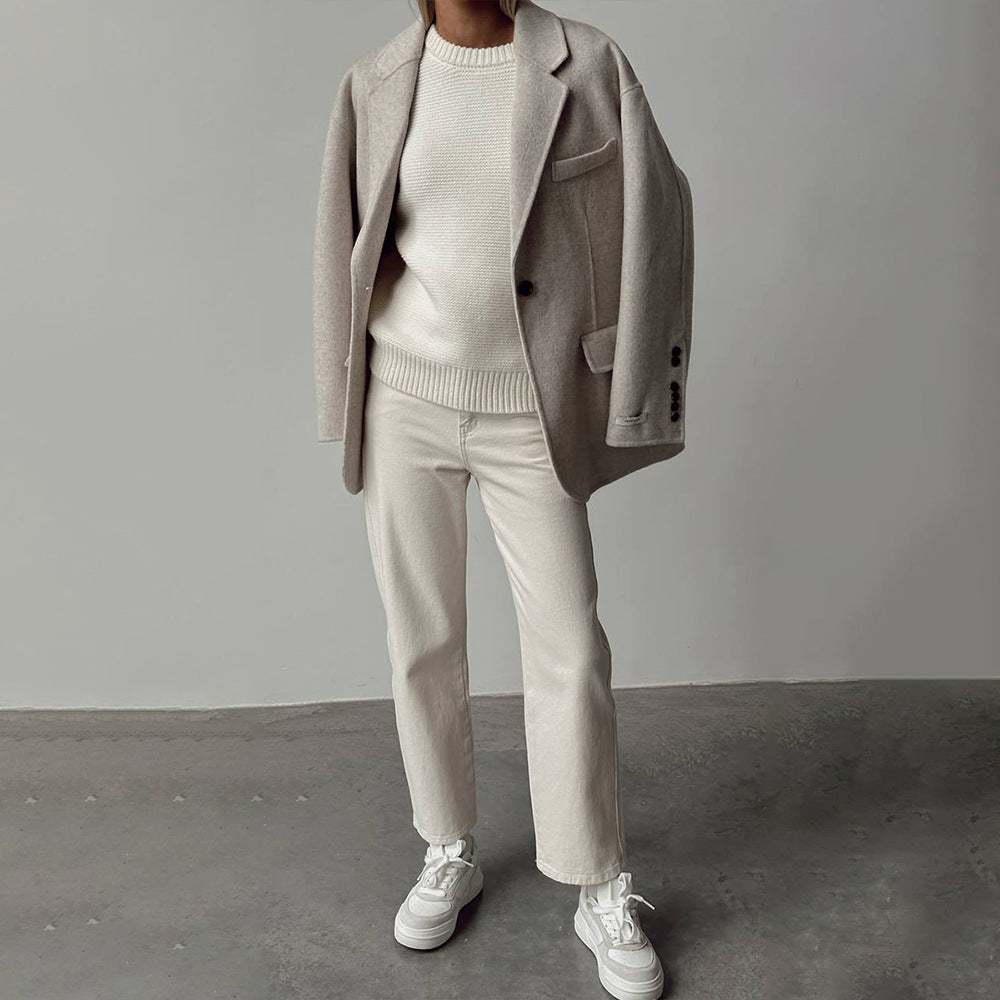 Casual Round Neck Knitted White Sweaters