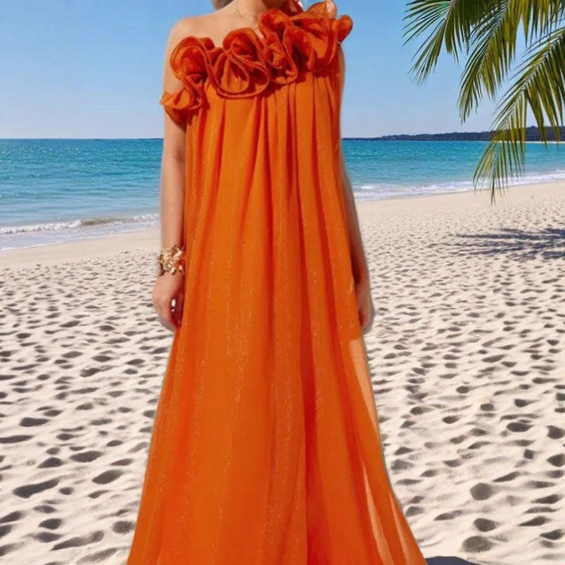 Women's Solid Color Off-Shoulder Draped Dress with 3D Floral Detail