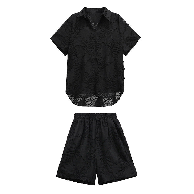 Women's Unique Jacquard Casual Cotton Set – Oversized Bat Sleeve Top + Elastic Waist Shorts