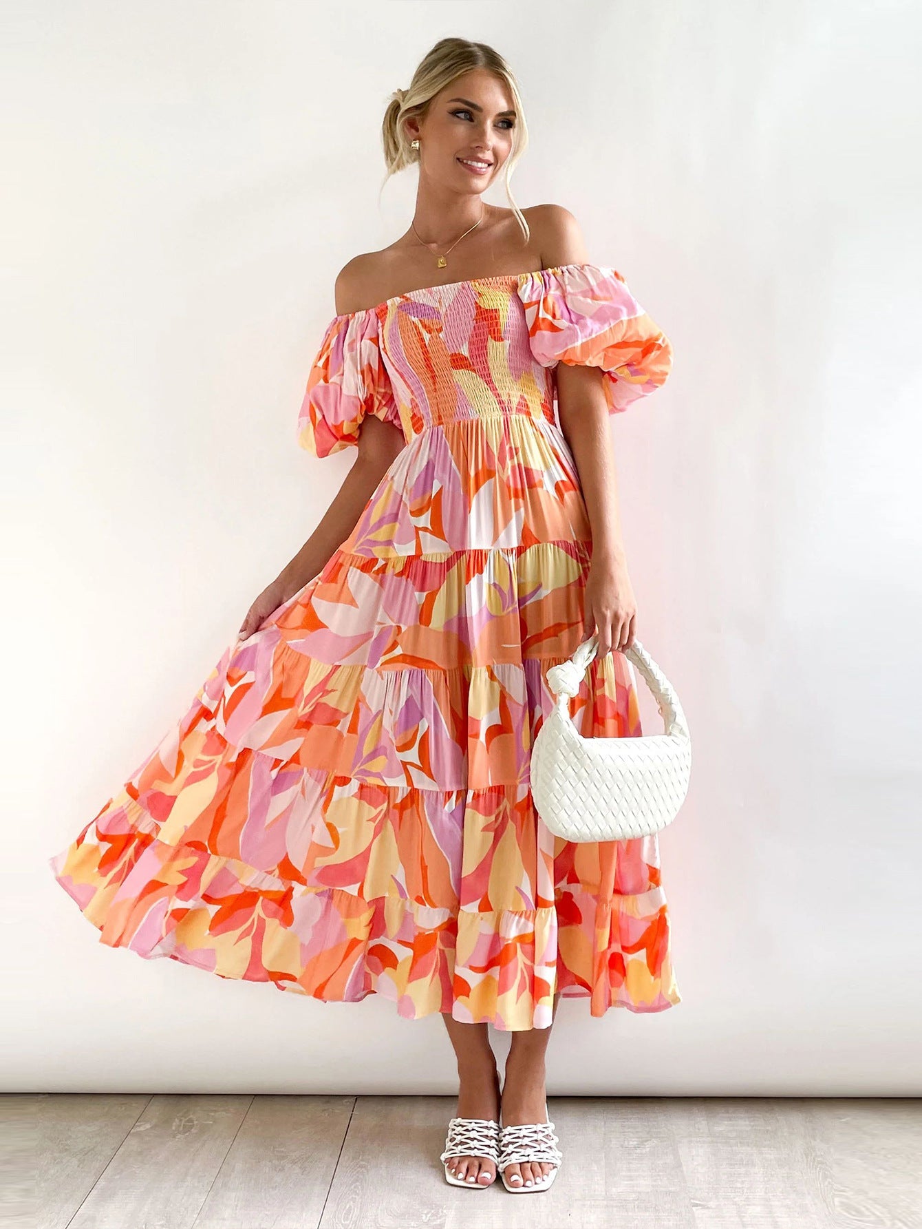 Spring Summer Off-Shoulder Floral Print Puff Sleeve Dress