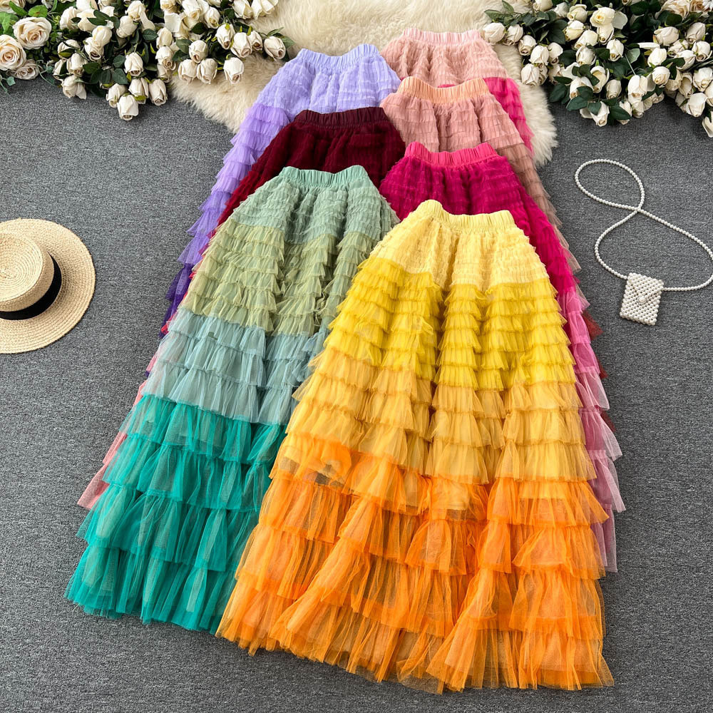 Women's Mid-Length Gradient Mesh A-Line Cake Skirt
