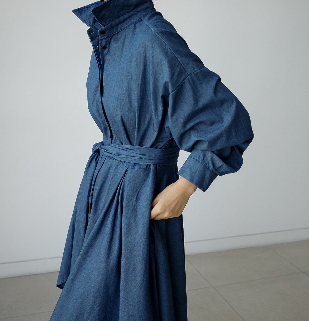 Blue Long Sleeve Loose Denim Shirts Maxi Dresses-Cozy dresses-Free Shipping at meselling99
