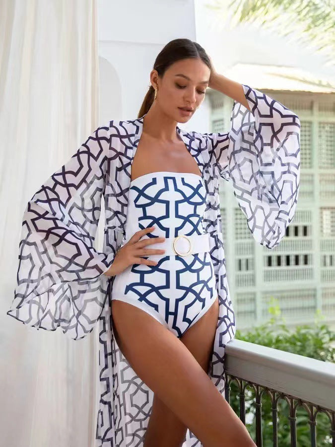 Women's Fashion Print One-Piece Swimsuit with Long Sleeve Cover-Up
