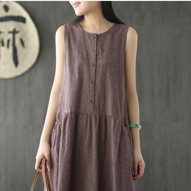 Vintage Sleeveless Linen Summer Midi Dresses-Dresses-Free Shipping at meselling99