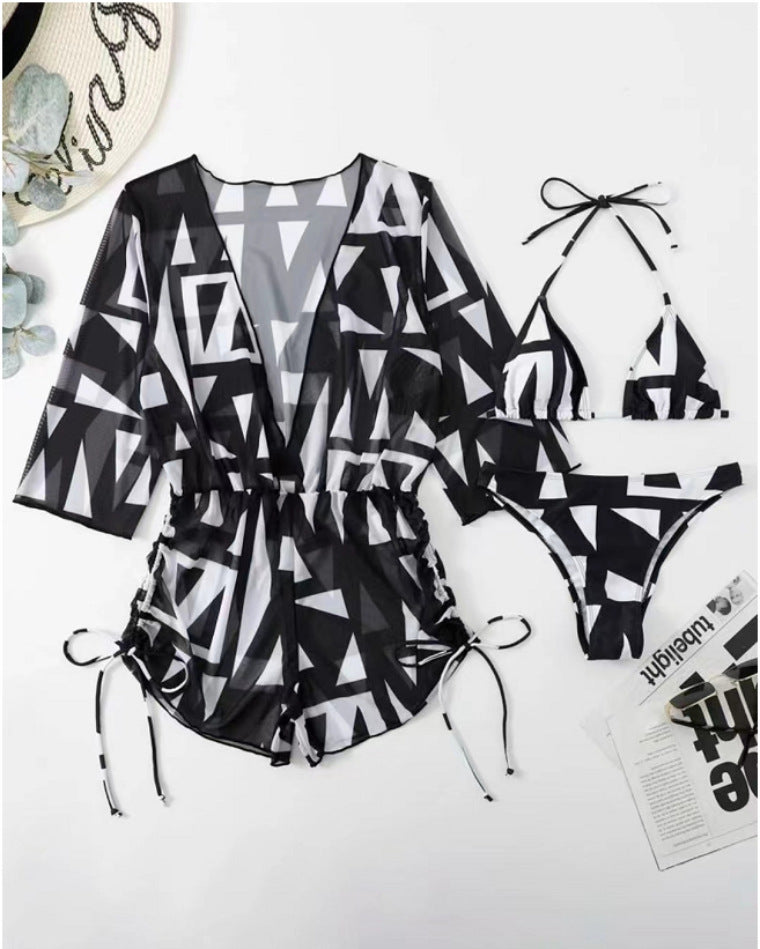 Sexy Net Drawstring 3pcs Women Swimsuits