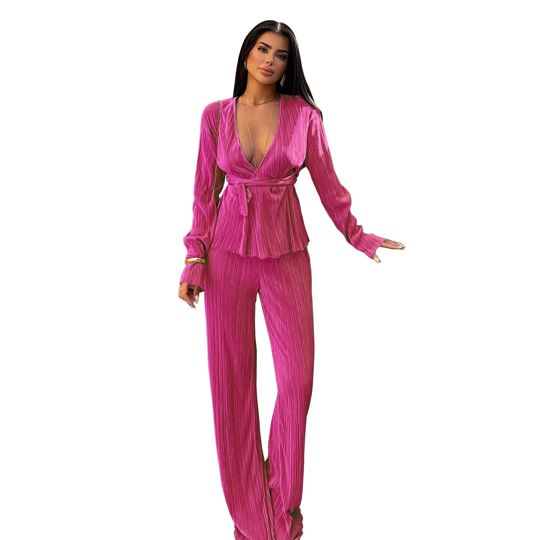 Casual V Neck Long Sleeves Tops and Pants Two Pieces Suits