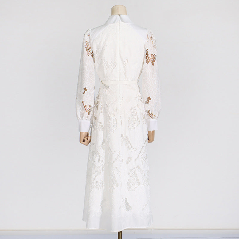 Vintage Collar Long Lantern Sleeve Mid-Length Embroidery Lace Dresses