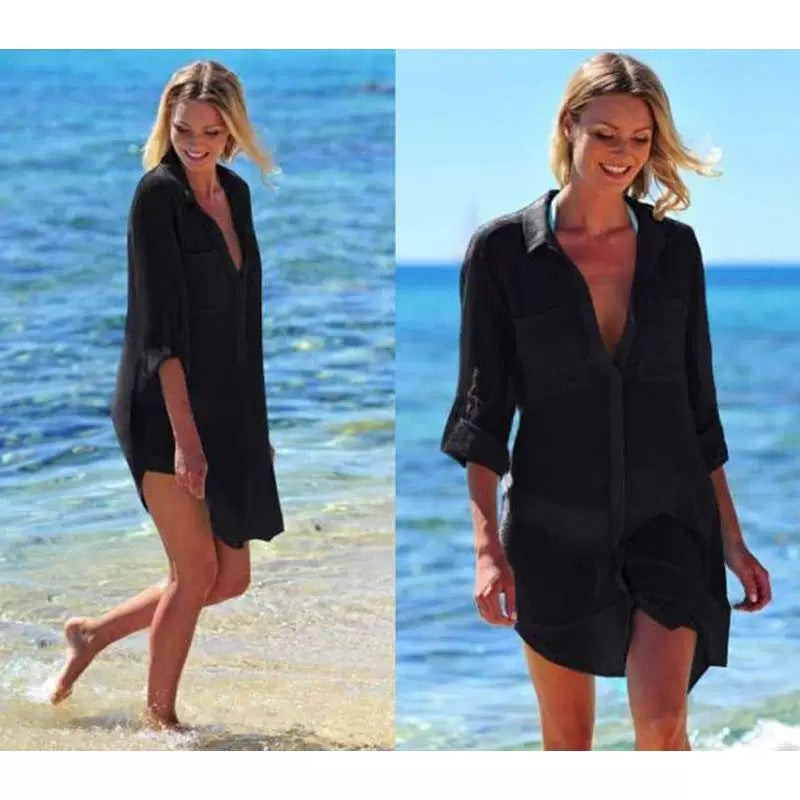 Wrinkle-Resistant Fabric Two Hidden Button Pockets Beach Cover-Up Shirt