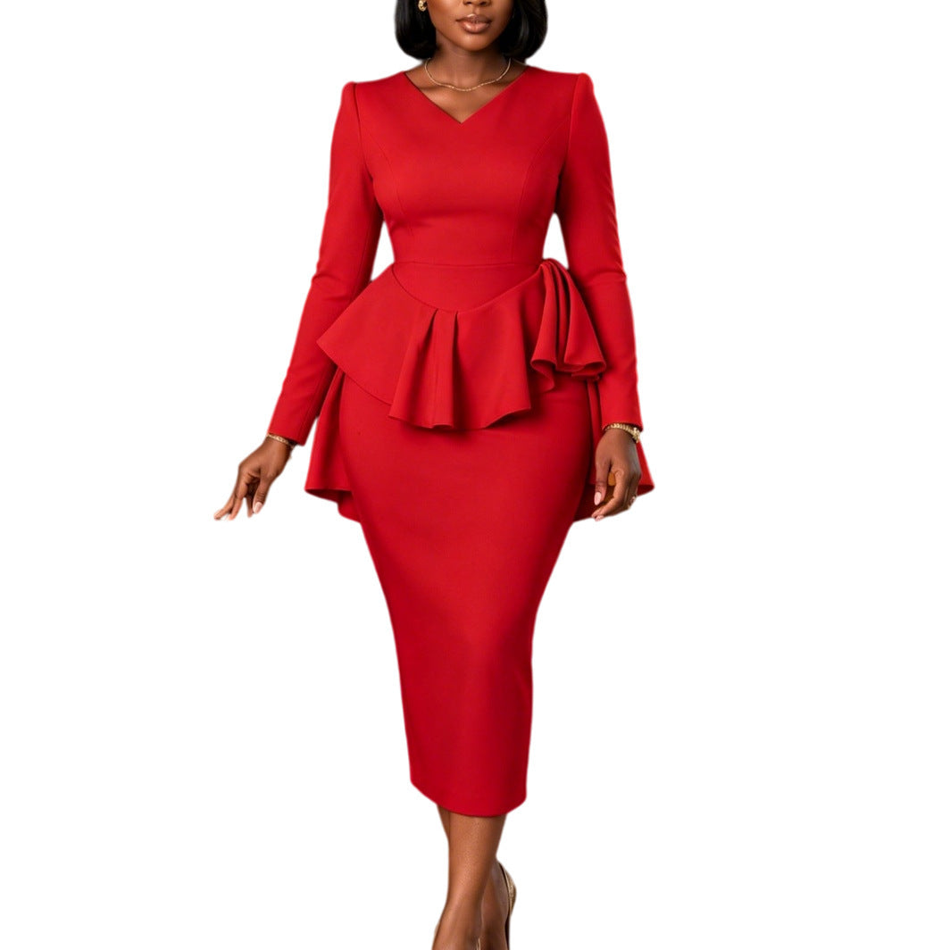 Elegant V-Neck Ruffle Waist Midi Dress