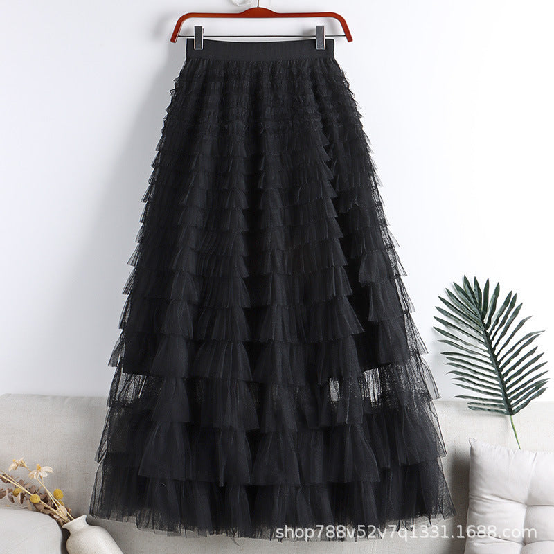 A-Line Mid-Length Tulle Skirt with Layered Mesh Insert