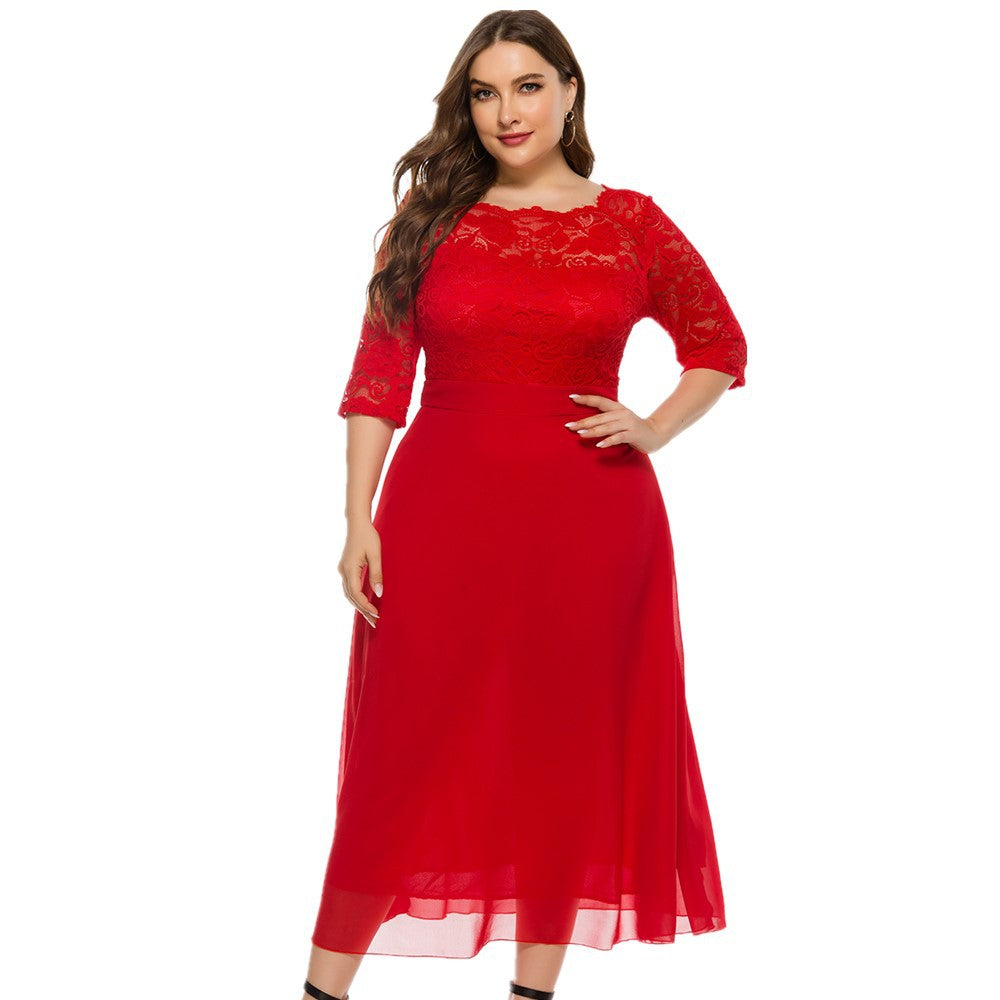Red 3/4 Length Sleeves Lace Red Plus Size Dresses-Plus Size Dresses-Free Shipping at meselling99